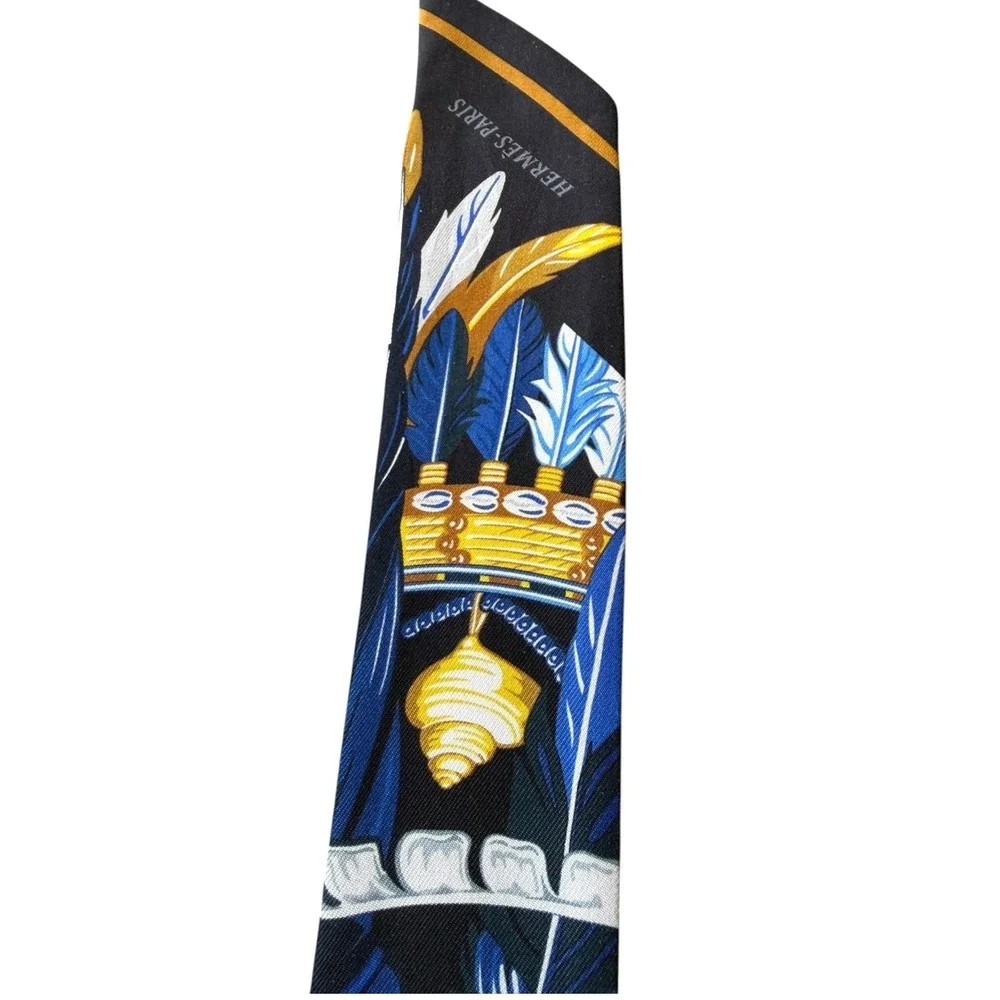 Hermes Silk Twilly Scarf Feathers Blue Gold Noir w/ Box Made in France - Picture 6 of 8